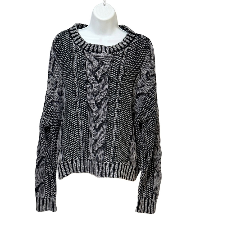 J.O.A. Womens Black White Cable Knit Cotton Sweater Chunky Marled Pullover lage
